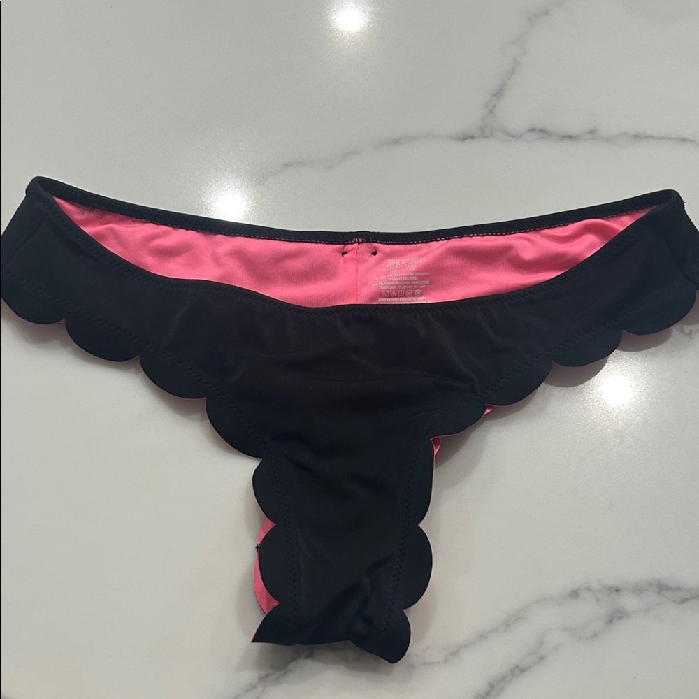 PINK Victoria's Secret Black Bikini Bottom with Pink Lining and Scalloped Edge